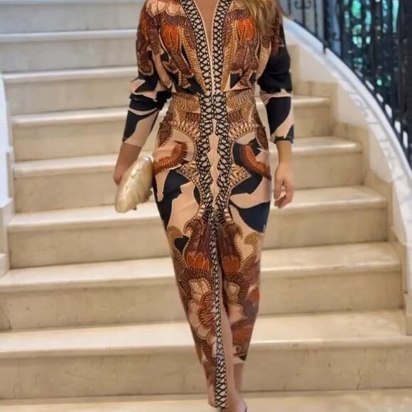 Versatile Casual Slit Midi Dress with Launch V-Neck for Women – A-Brown, Medium - Picture 5 of 7